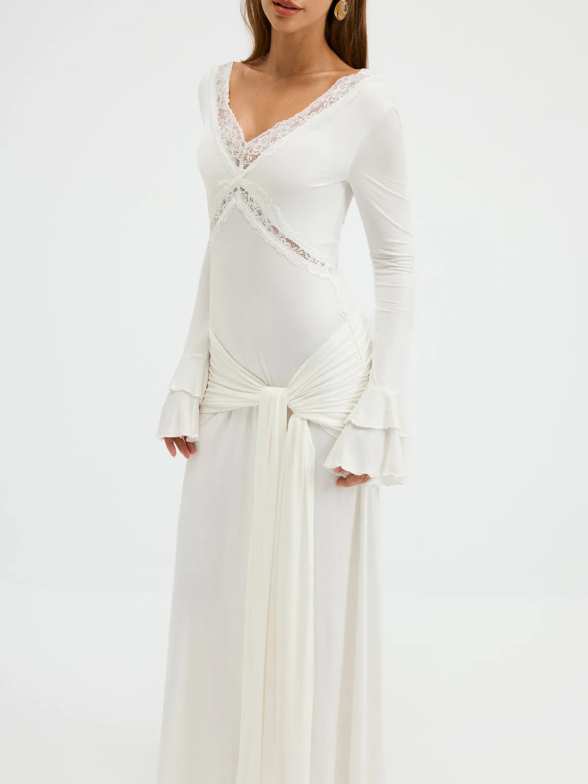 Lace Trim Tie-Waist Tiered Flared-Cuff Maxi Dress sold by COMMENSE product image thumbnail 5