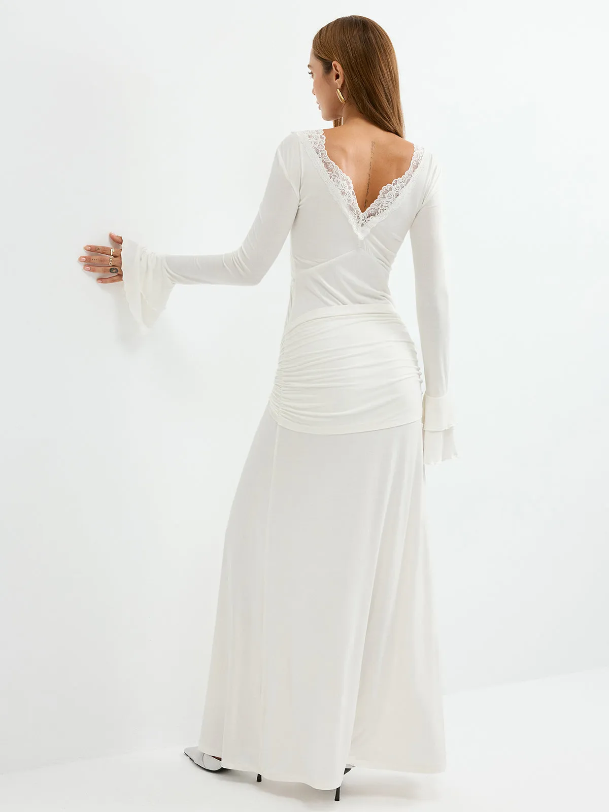 Lace Trim Tie-Waist Tiered Flared-Cuff Maxi Dress sold by COMMENSE product image thumbnail 3
