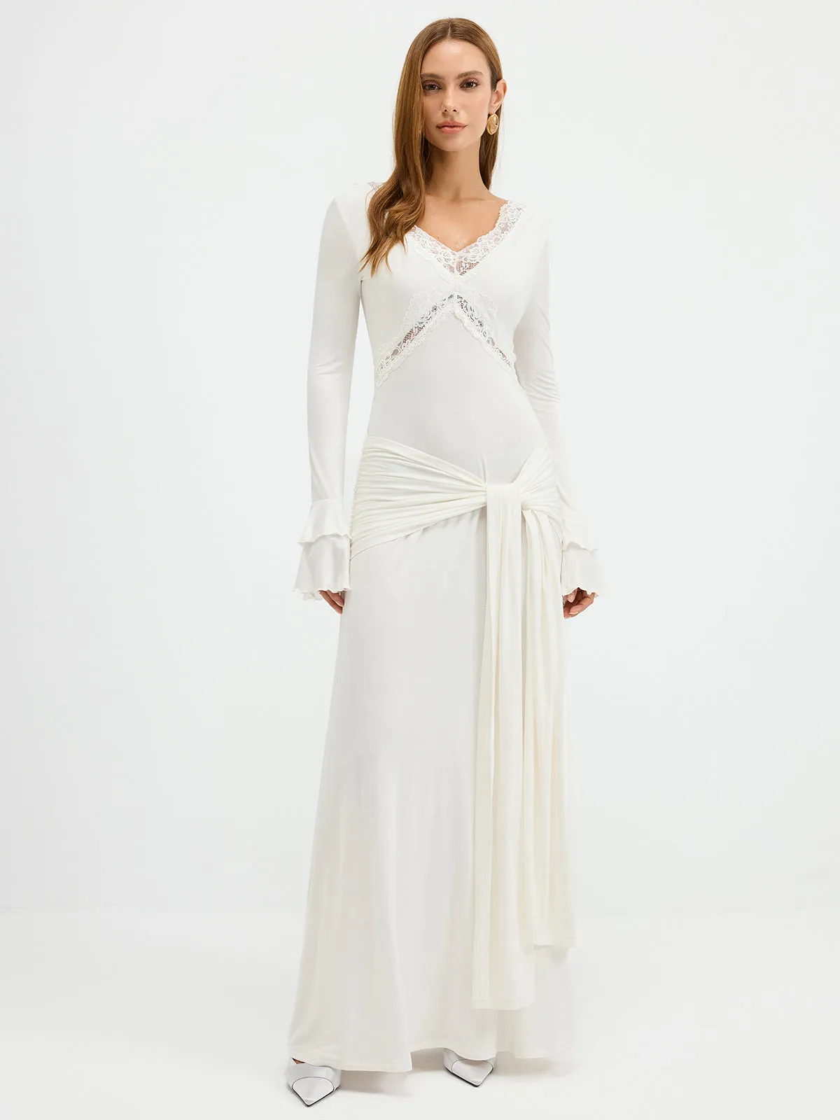 Lace Trim Tie-Waist Tiered Flared-Cuff Maxi Dress sold by COMMENSE product image thumbnail 4