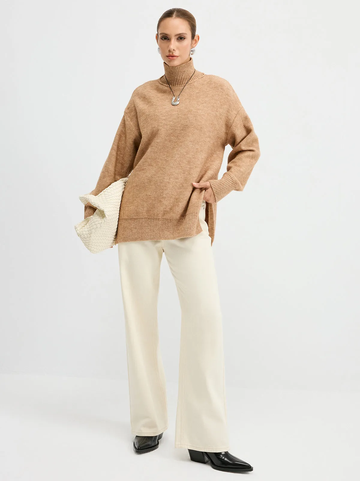 Turtleneck Side-Slit Oversized Casual Sweater sold by COMMENSE