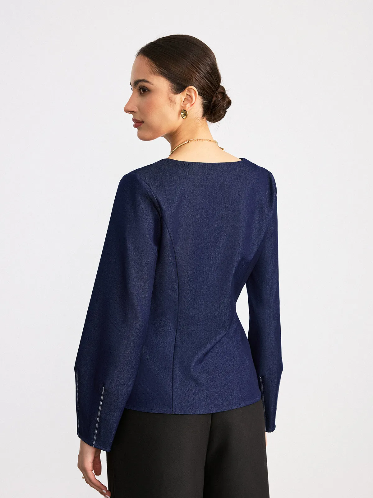 Notch Neck Contrast Stitched Blouse sold by COMMENSE product image thumbnail 4