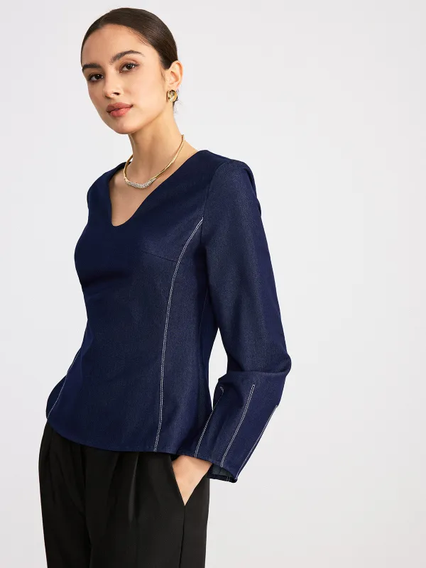 Notch Neck Contrast Stitched Blouse sold by COMMENSE