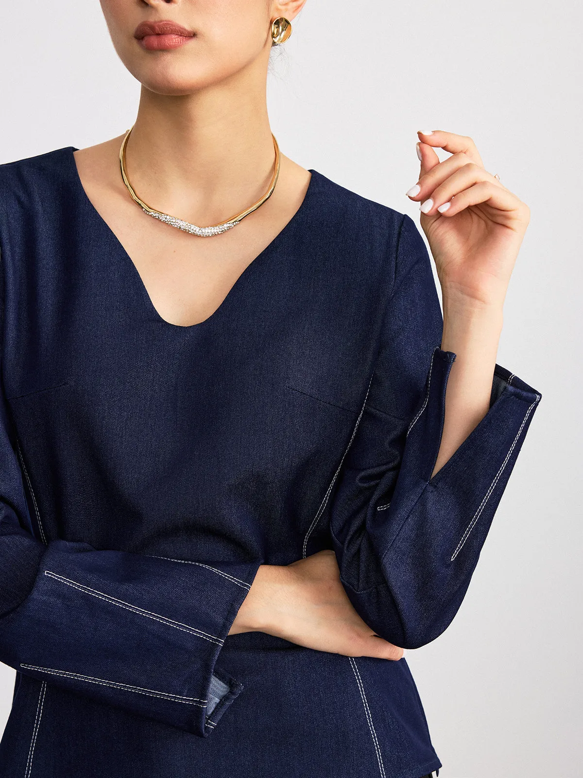 Notch Neck Contrast Stitched Blouse sold by COMMENSE product image thumbnail 2