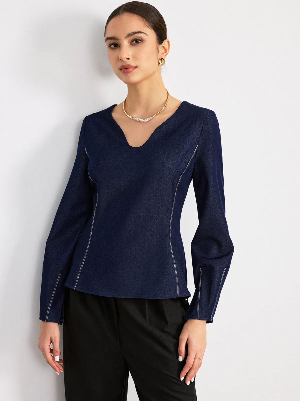 Notch Neck Contrast Stitched Blouse sold by COMMENSE product image thumbnail 3