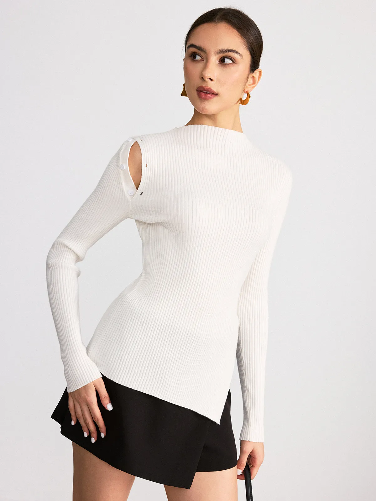 Asymmetric Slit Hem Ribbed Knit Top sold by COMMENSE product image thumbnail 4