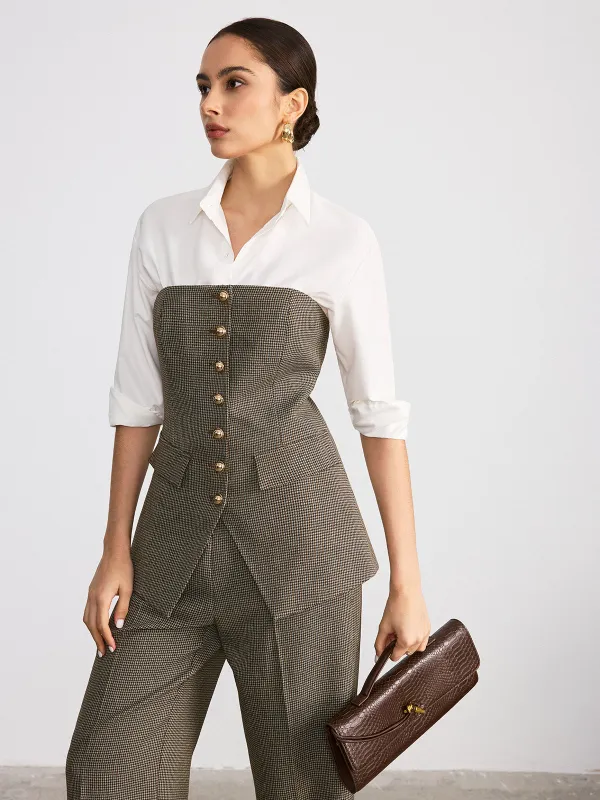 Houndstooth Strapless Metal Button Top sold by COMMENSE