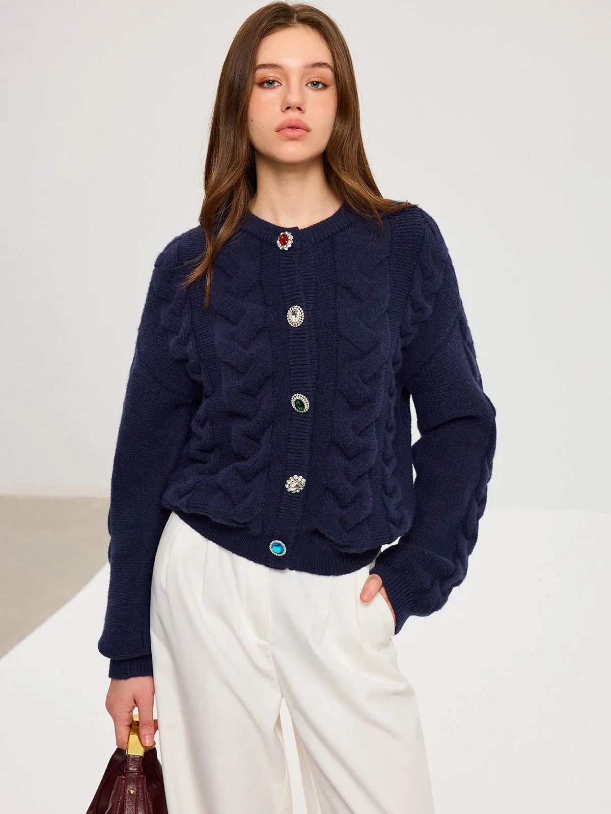 Cable Knit Rhinestone Button Cardigan sold by COMMENSE product image thumbnail 3