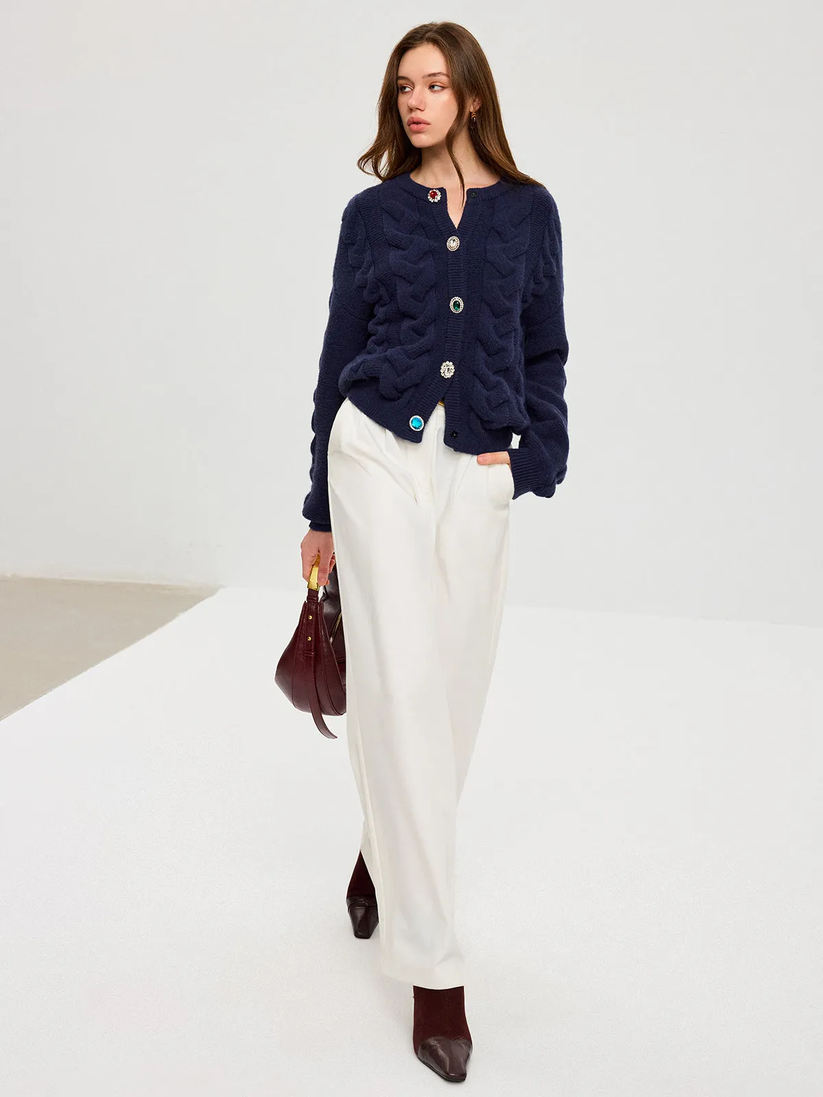 Cable Knit Rhinestone Button Cardigan sold by COMMENSE product image thumbnail 4