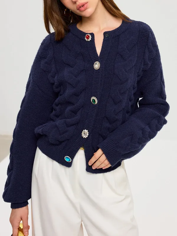 Cable Knit Rhinestone Button Cardigan sold by COMMENSE