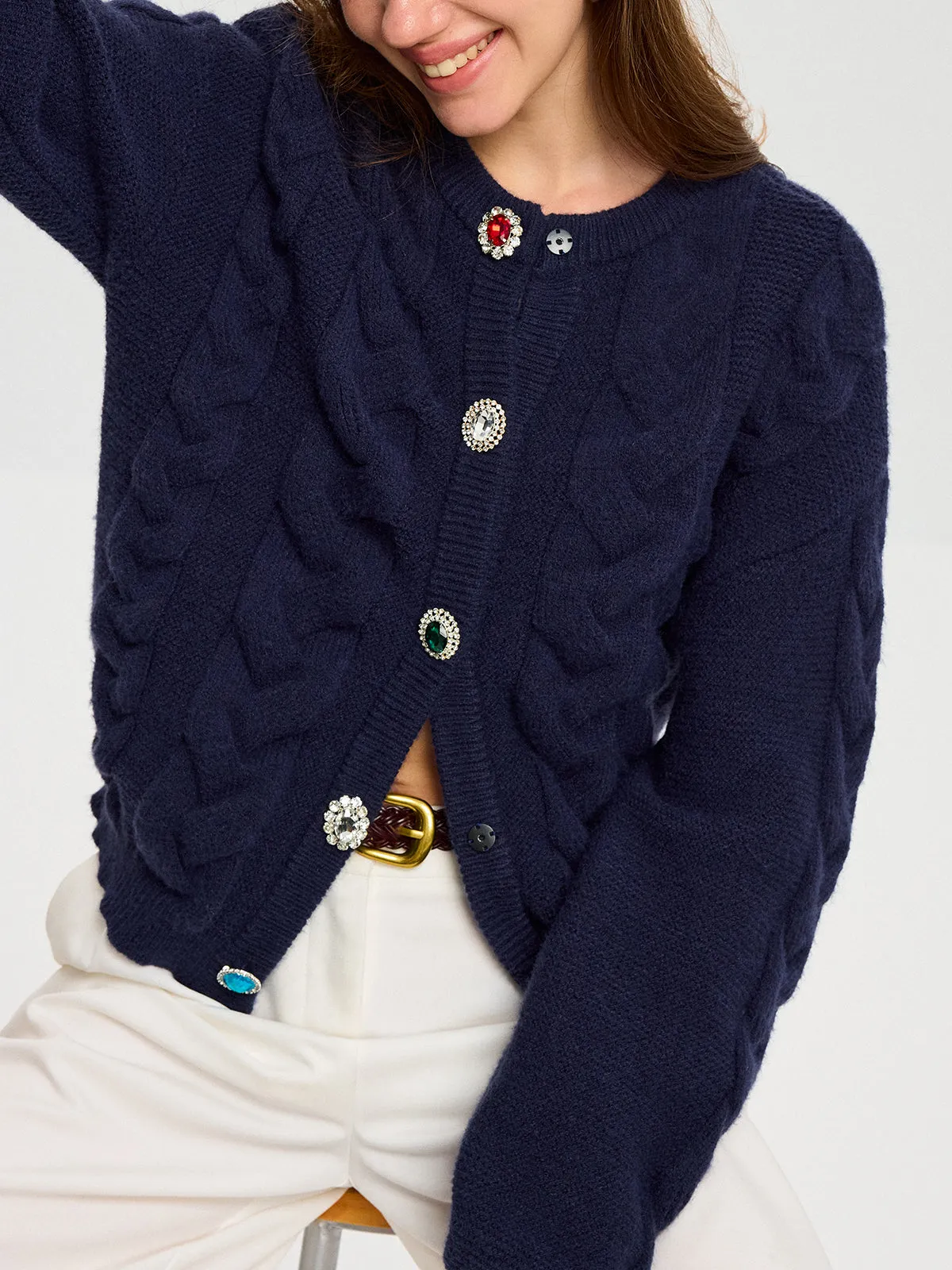 Cable Knit Rhinestone Button Cardigan sold by COMMENSE product image thumbnail 5