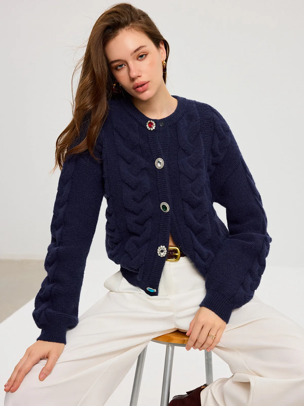 Cable Knit Rhinestone Button Cardigan sold by COMMENSE product image thumbnail 2