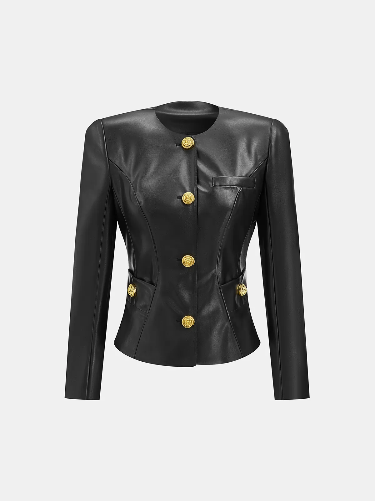 Faux Leather Round Neck Metal Button Fitted Blazer sold by COMMENSE product image thumbnail 2