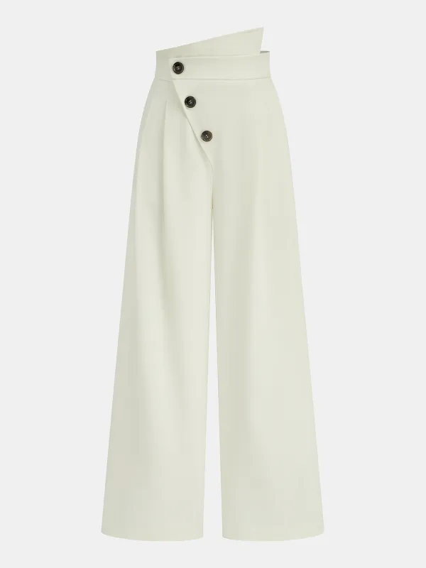 Asymmetric Button Mid-Waist Wide-Leg Pants sold by COMMENSE