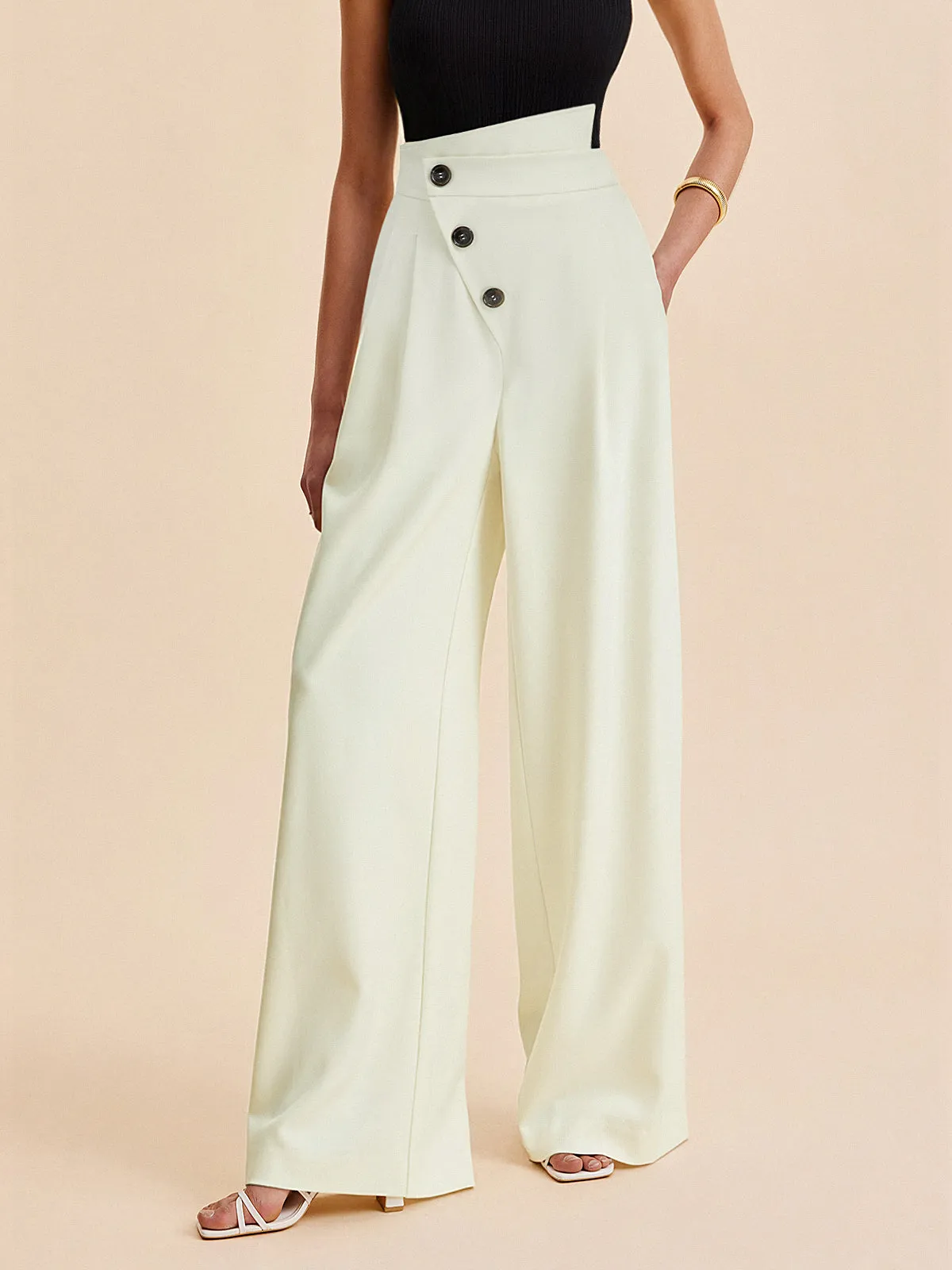 Asymmetric Button Mid-Waist Wide-Leg Pants sold by COMMENSE product image thumbnail 2