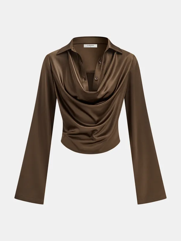 Satin Cowl Neck Long Sleeve Shirt sold by COMMENSE