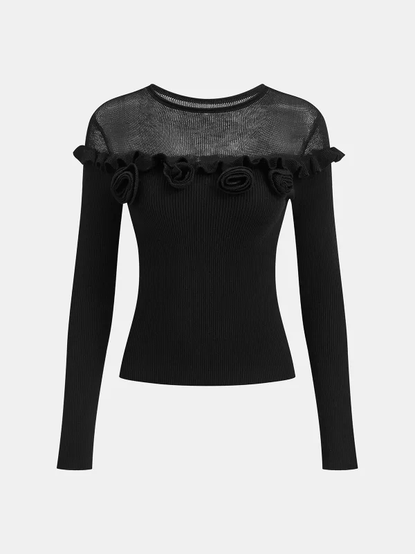 3D Floral Ruffle Trim Sheer Panel Knit Top sold by COMMENSE