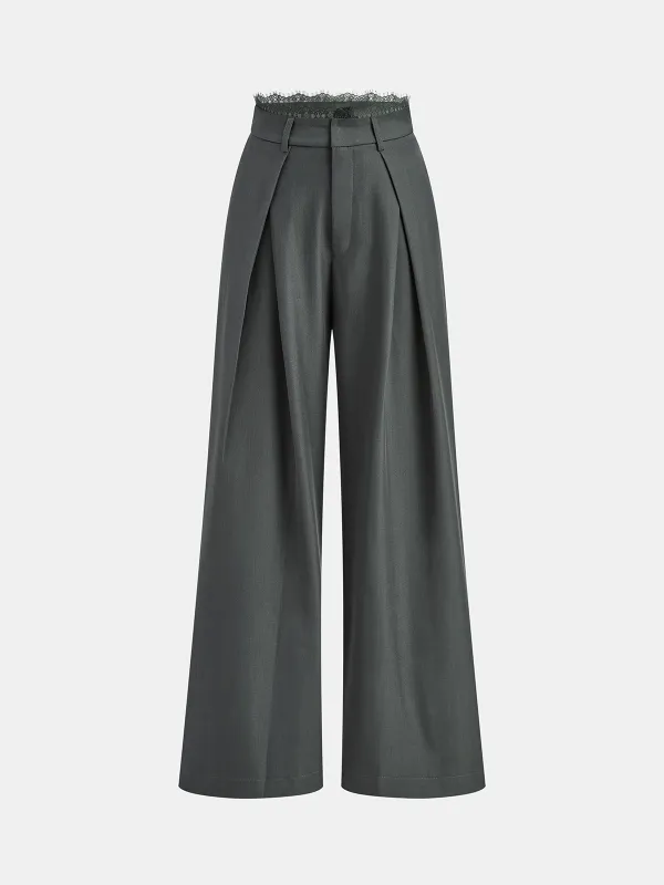 High-Waist Lace Trim Wide-Leg Pants sold by COMMENSE