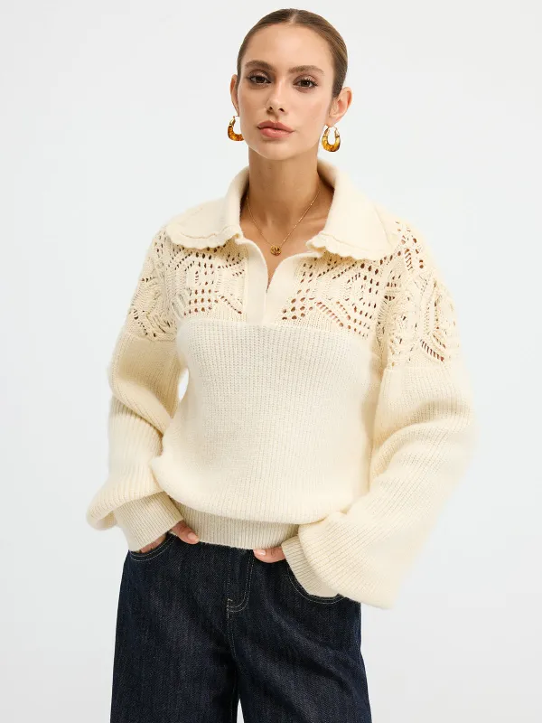 Openwork Polo Knit Sweater sold by COMMENSE