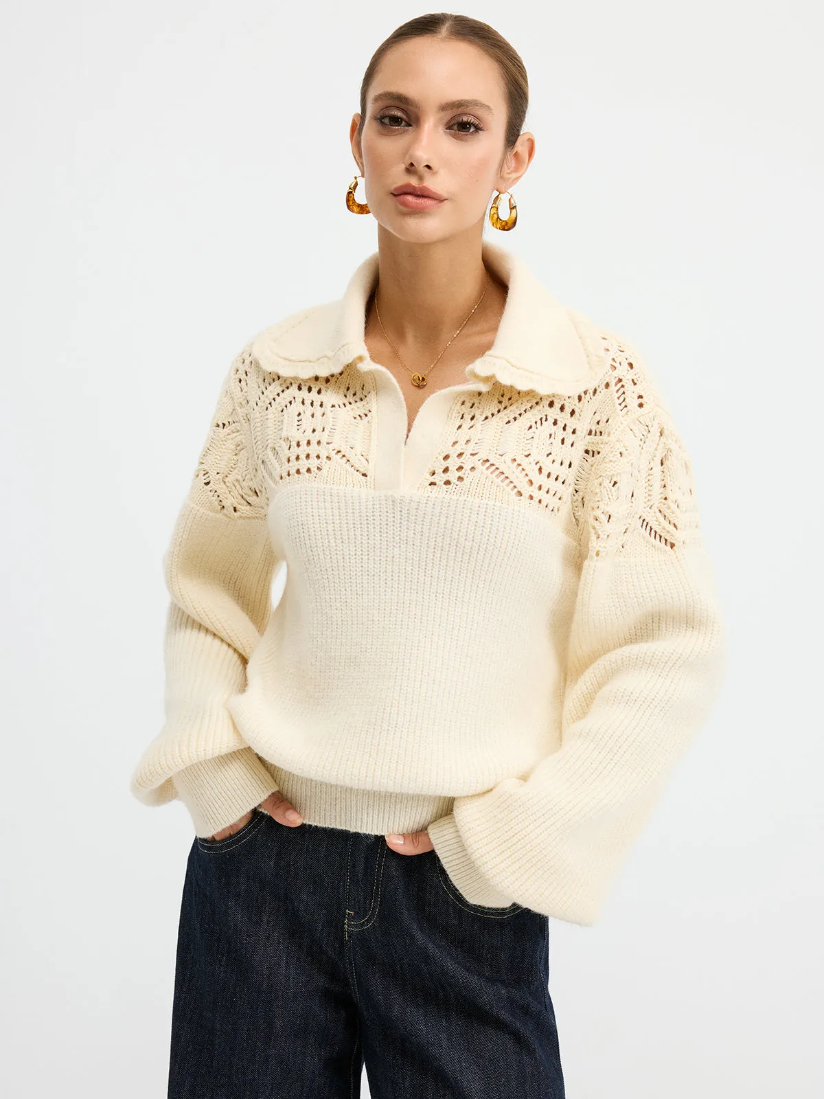 Openwork Polo Knit Sweater sold by COMMENSE