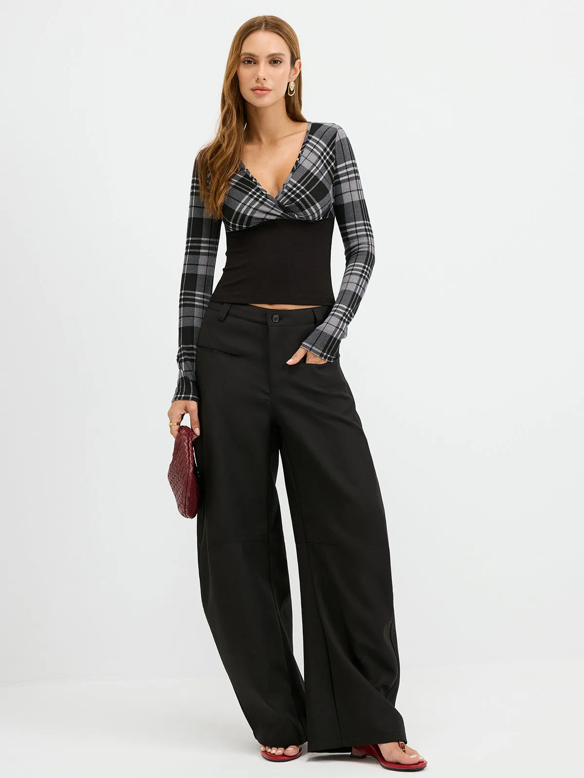 Plaid Paneled Slim-Fit Knit Long Sleeve Blouse sold by COMMENSE product image thumbnail 4