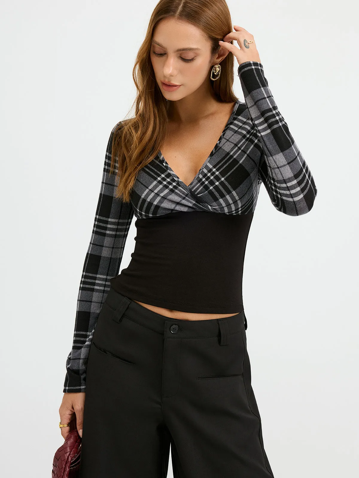 Plaid Paneled Slim-Fit Knit Long Sleeve Blouse sold by COMMENSE