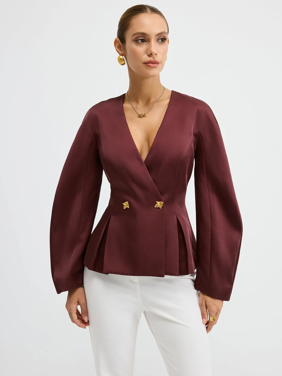 Metal Button Puff Sleeve Peplum Blazer sold by COMMENSE
