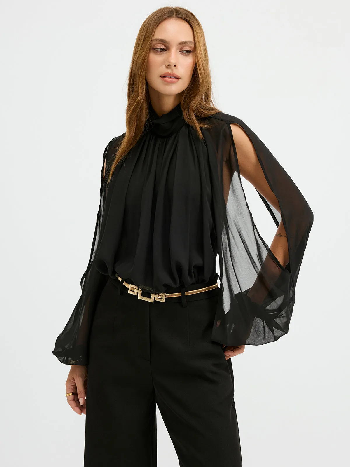 Sheer Chiffon Mock Neck Backless Blouse sold by COMMENSE product image thumbnail 3