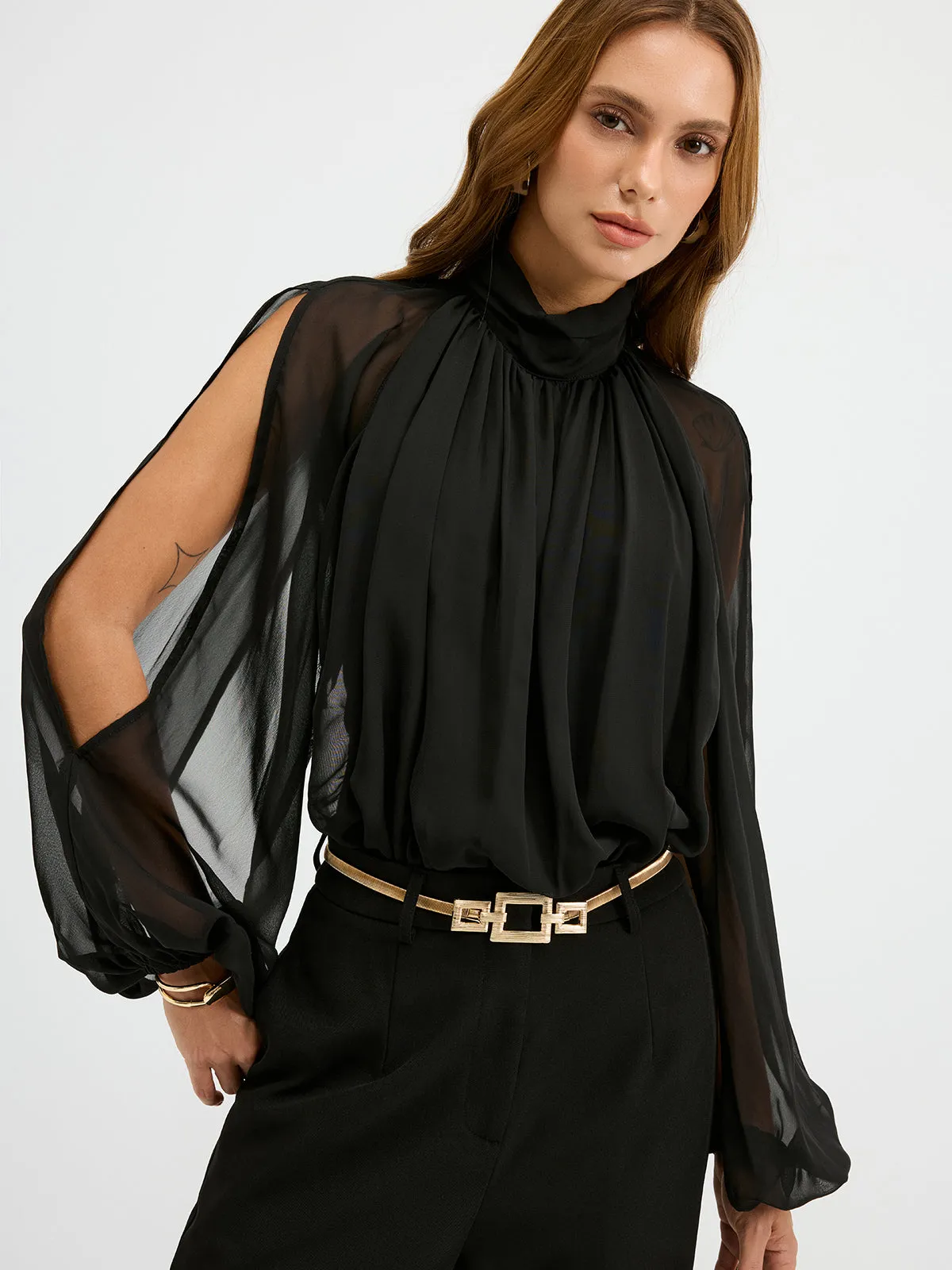 Sheer Chiffon Mock Neck Backless Blouse sold by COMMENSE product image thumbnail 2