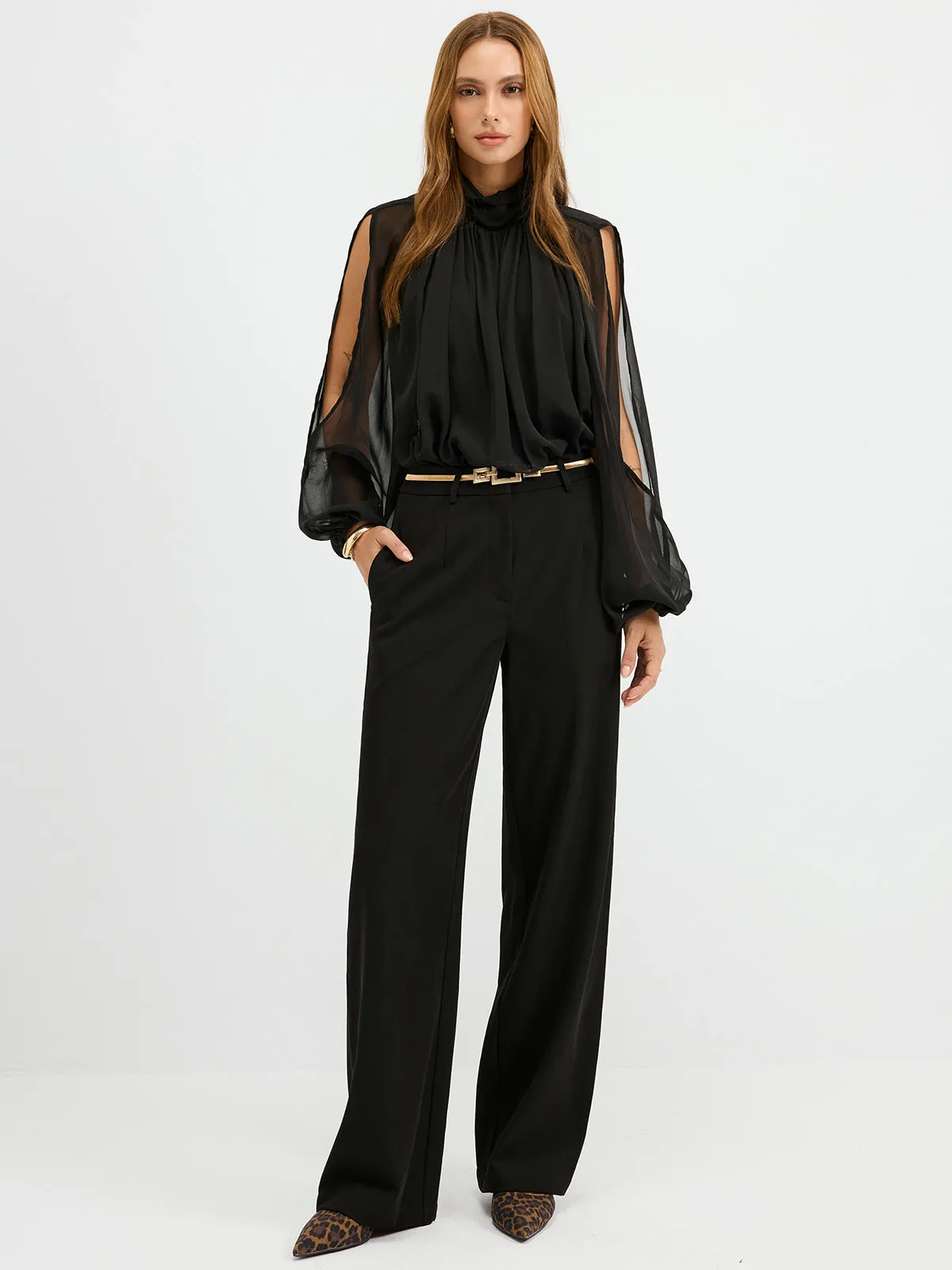 Sheer Chiffon Mock Neck Backless Blouse sold by COMMENSE product image thumbnail 5