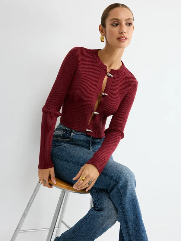 Metal Button Ribbed Fitted Sweater sold by COMMENSE