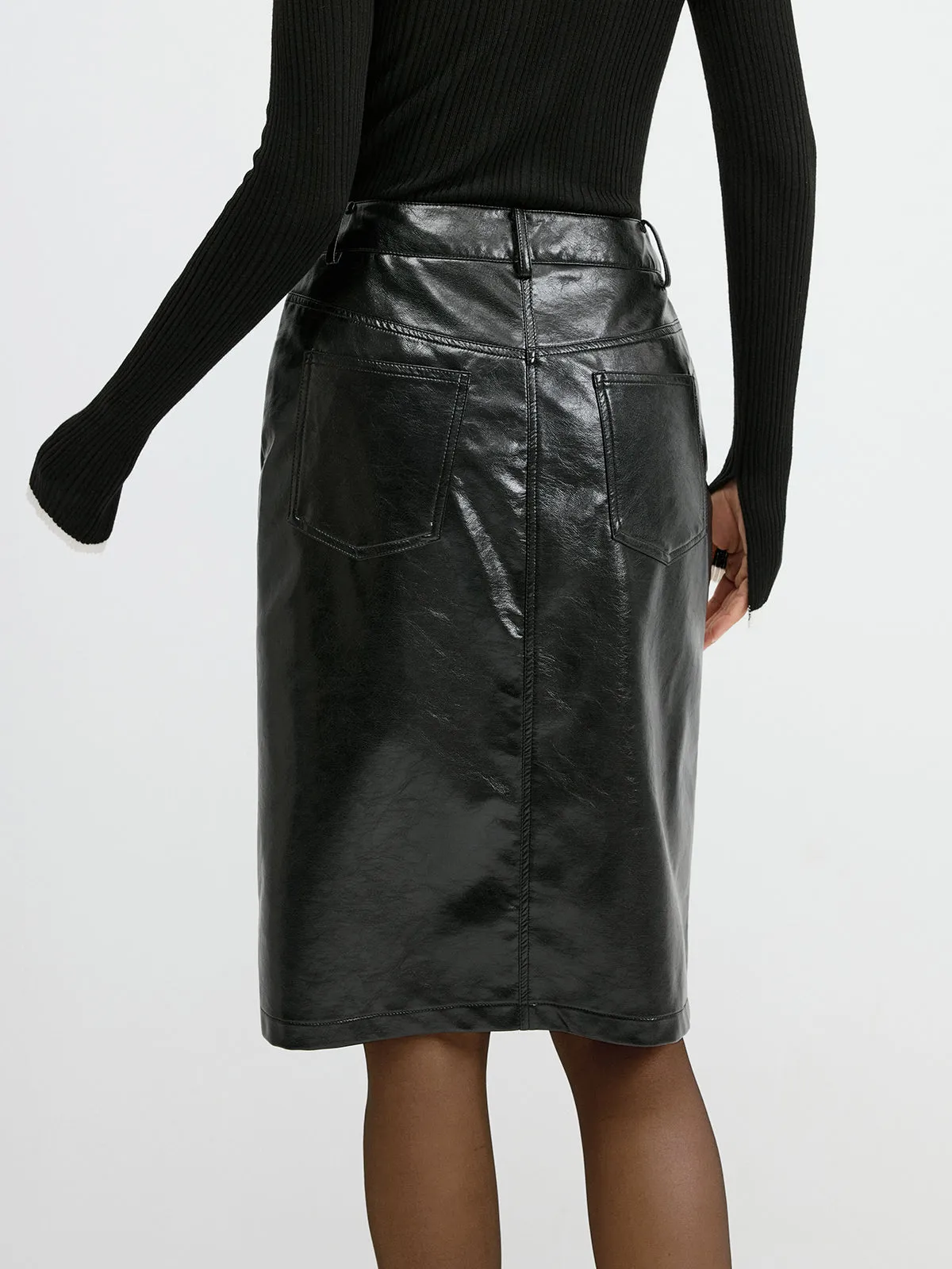 PU Leather Pocket Slit Midi Skirt without Belt sold by COMMENSE product image thumbnail 5