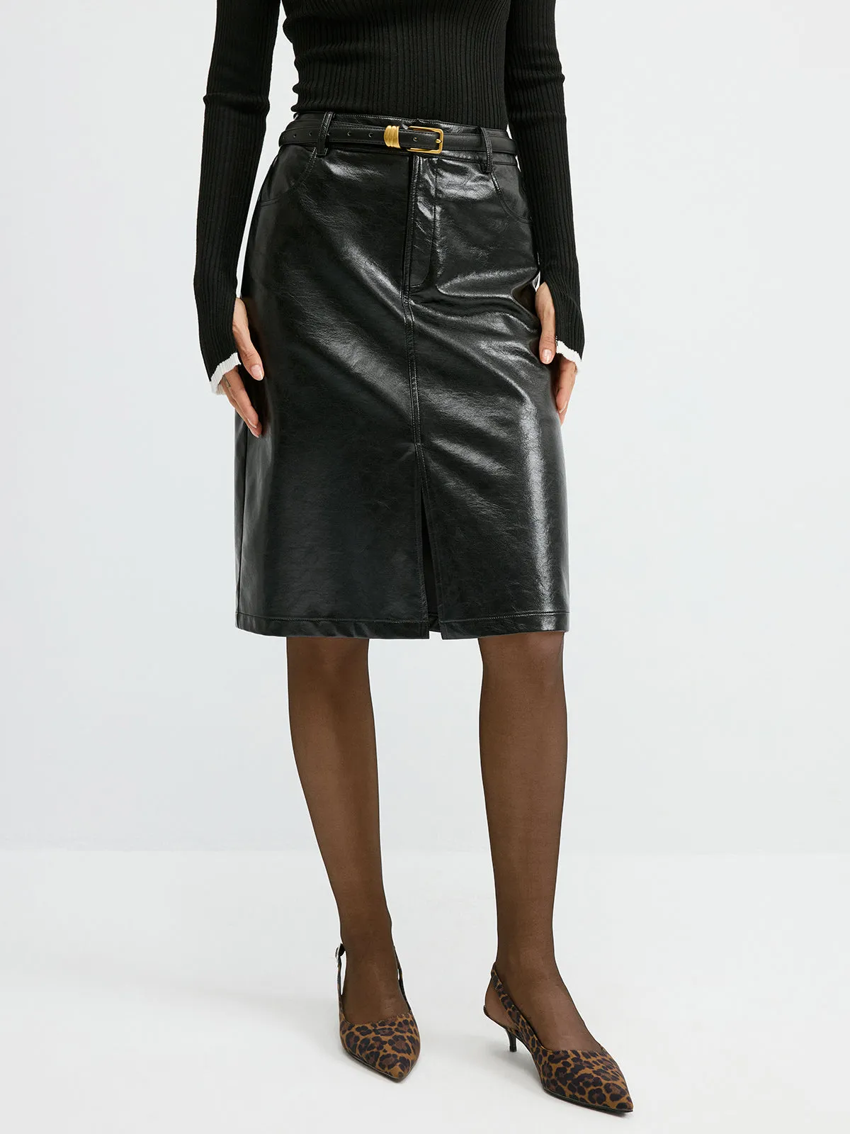 PU Leather Pocket Slit Midi Skirt without Belt sold by COMMENSE product image thumbnail 2