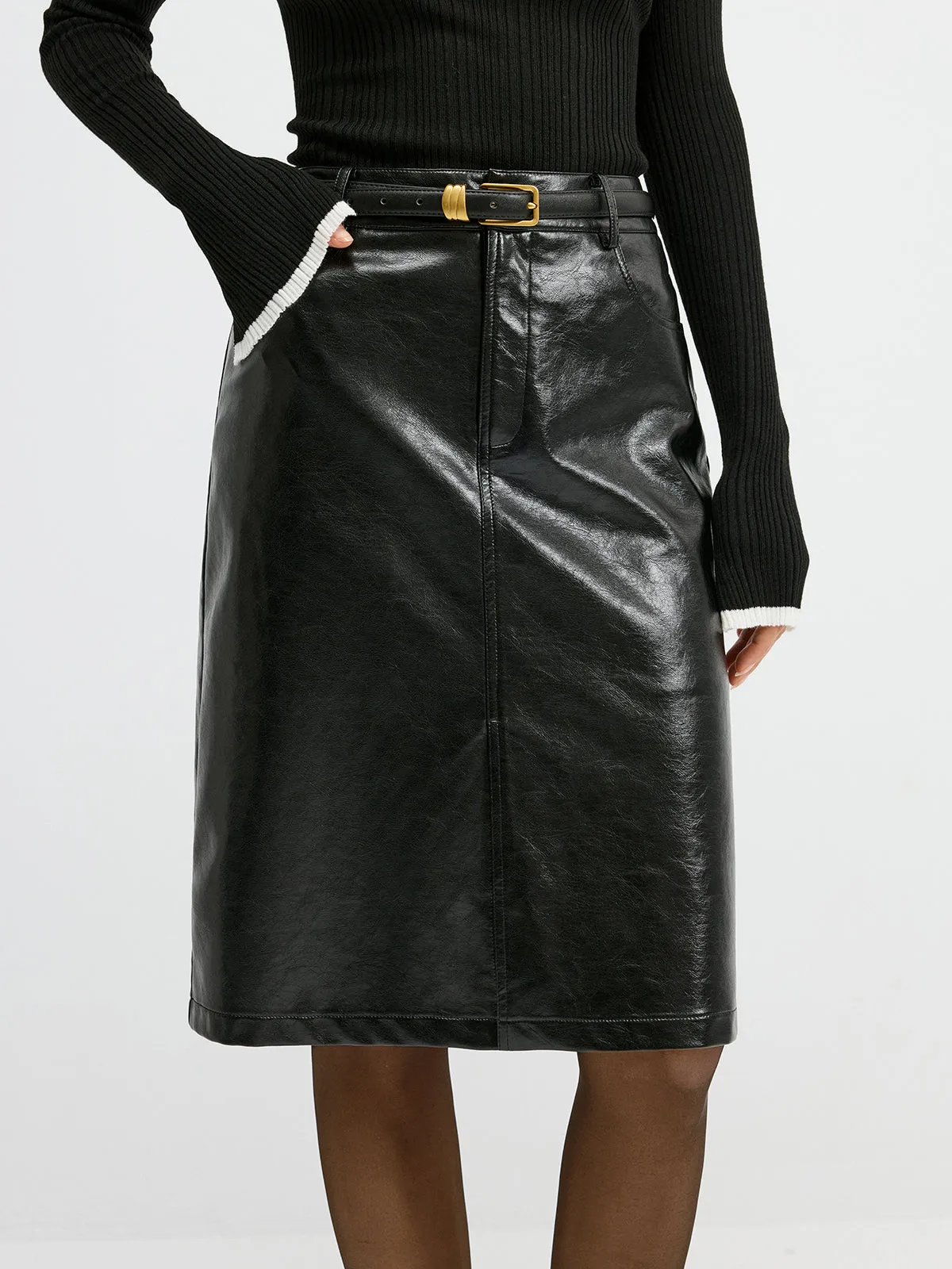 PU Leather Pocket Slit Midi Skirt without Belt sold by COMMENSE product image thumbnail 3
