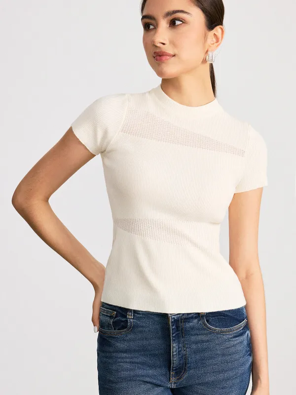 Sheer Panel Mock Neck Short Sleeve T-Shirt sold by COMMENSE