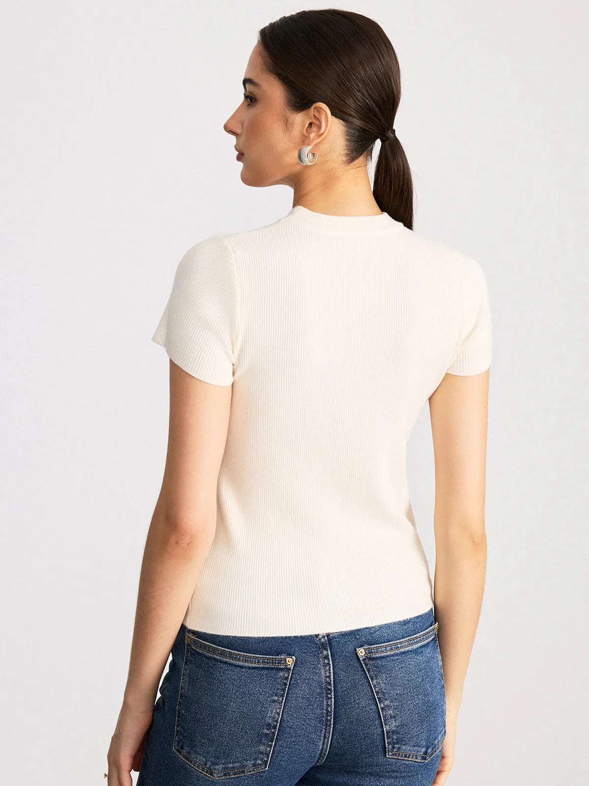 Sheer Panel Mock Neck Short Sleeve T-Shirt sold by COMMENSE product image thumbnail 5
