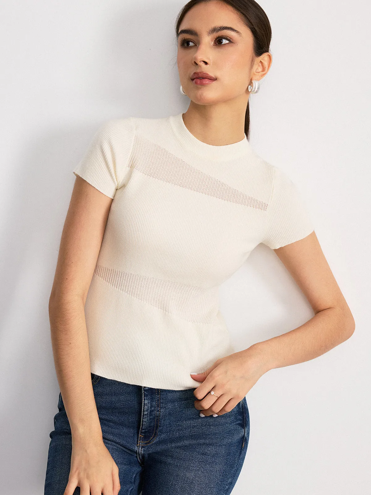 Sheer Panel Mock Neck Short Sleeve T-Shirt sold by COMMENSE product image thumbnail 2