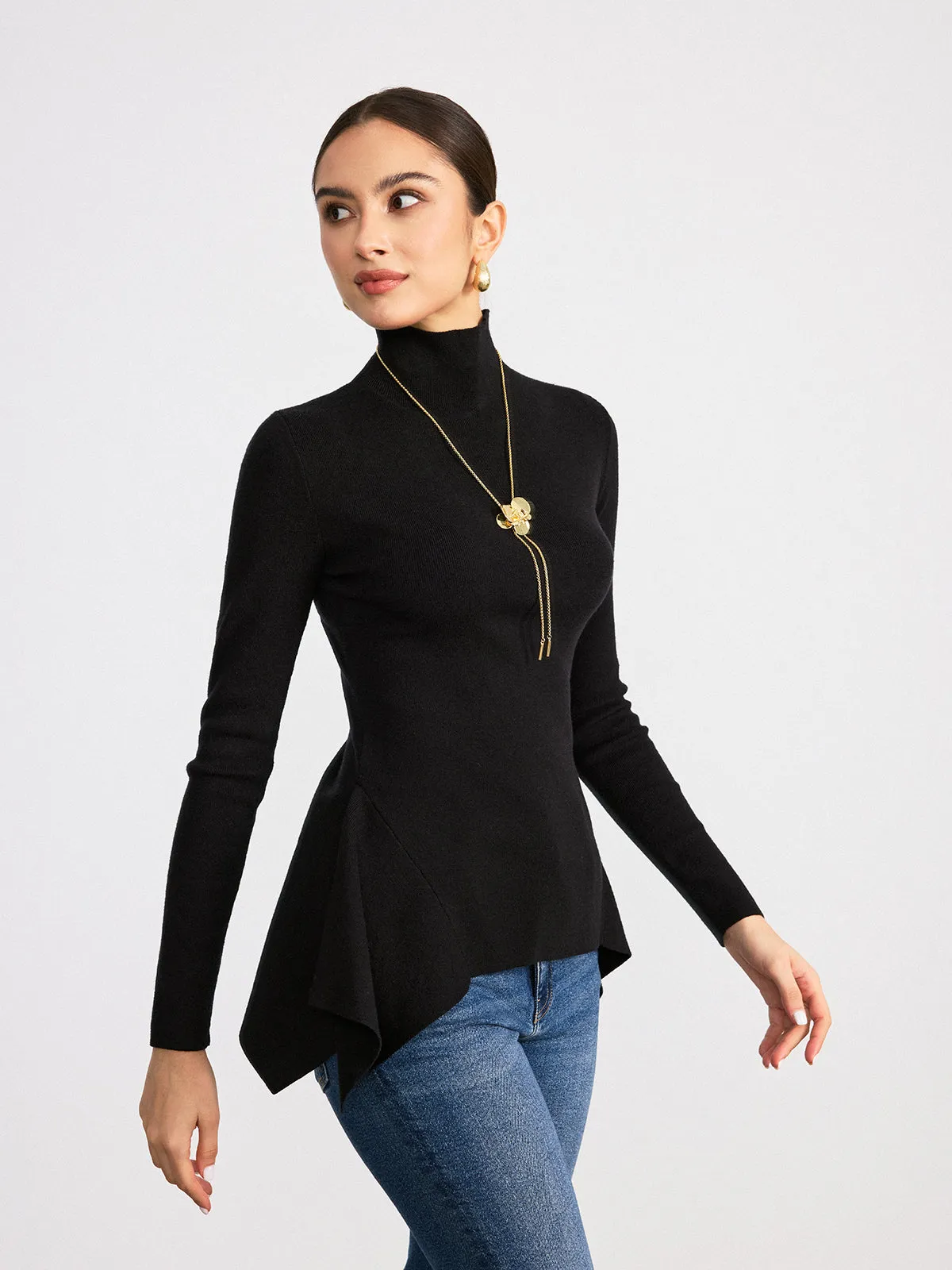 Turtleneck Asymmetric Peplum Sweater sold by COMMENSE