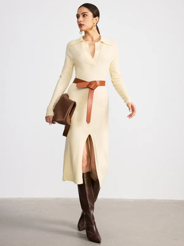 Collared Split-Hem Belted Knit Midi Dress sold by COMMENSE