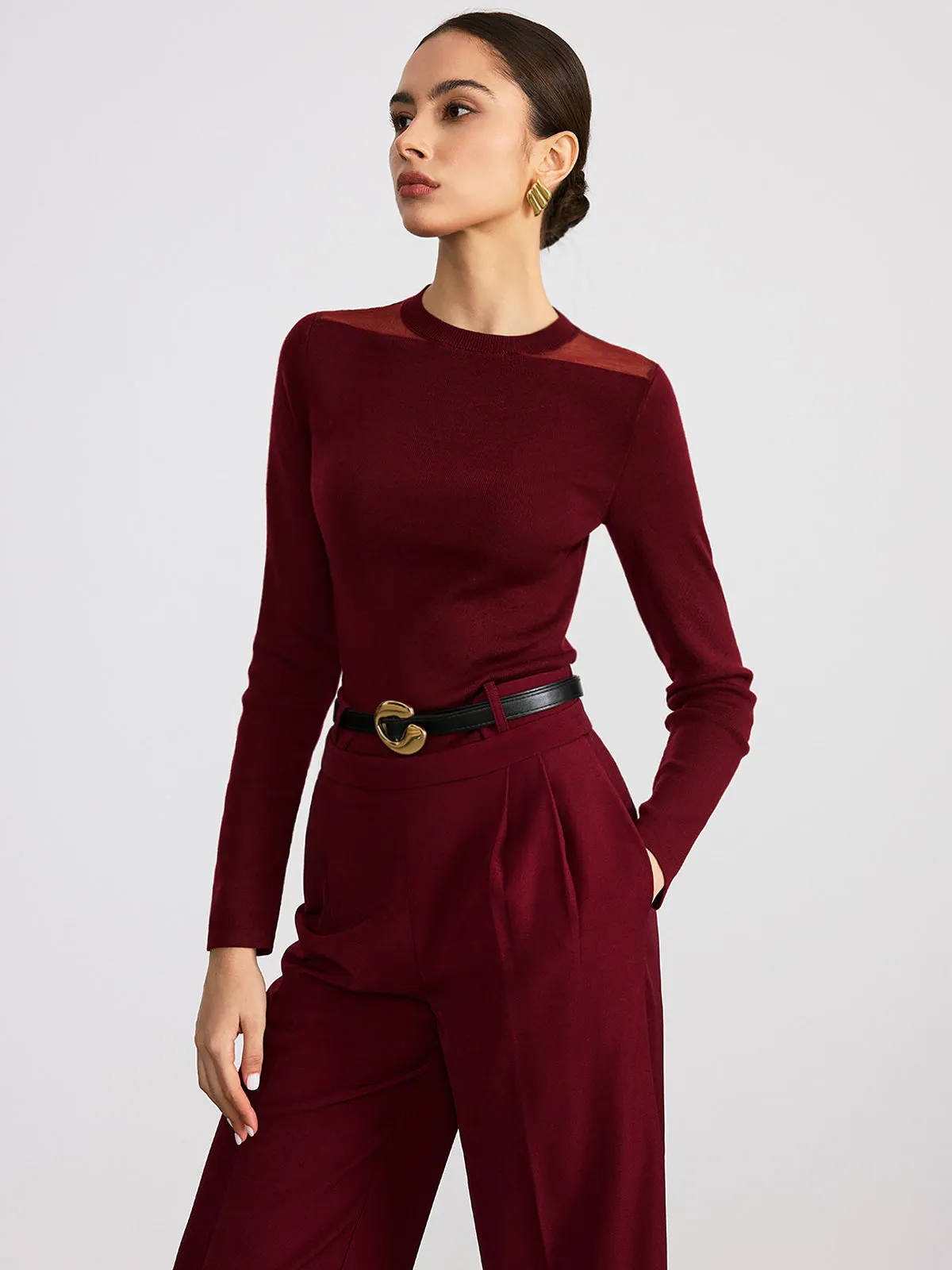 Sheer Paneled Wool Blend Knit Top sold by COMMENSE