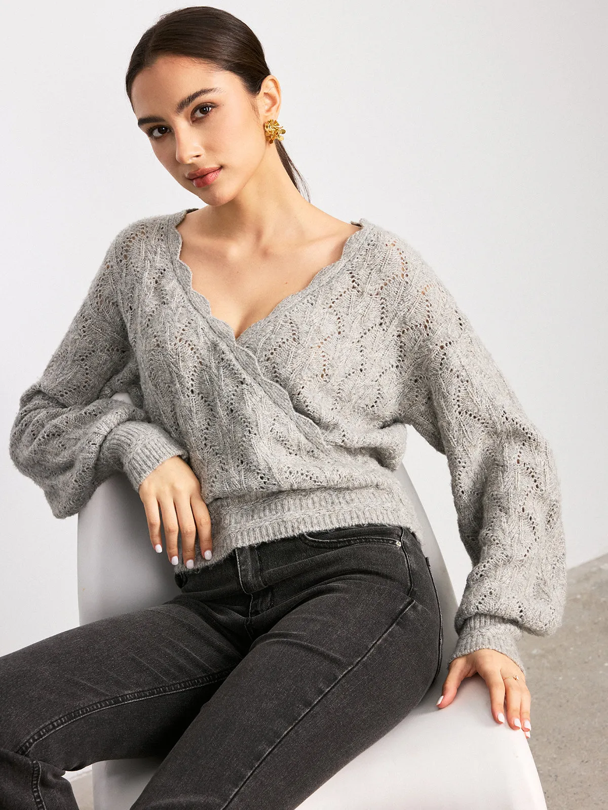 Scalloped Edge Reversible Wool Blend Sweater sold by COMMENSE product image thumbnail 5
