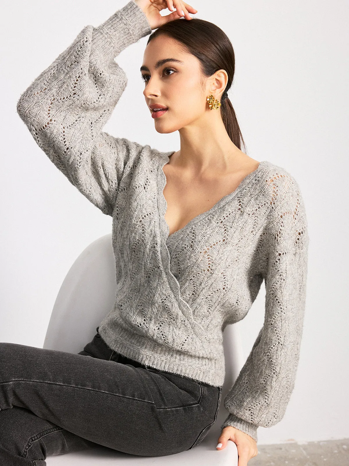 Scalloped Edge Reversible Wool Blend Sweater sold by COMMENSE product image thumbnail 2