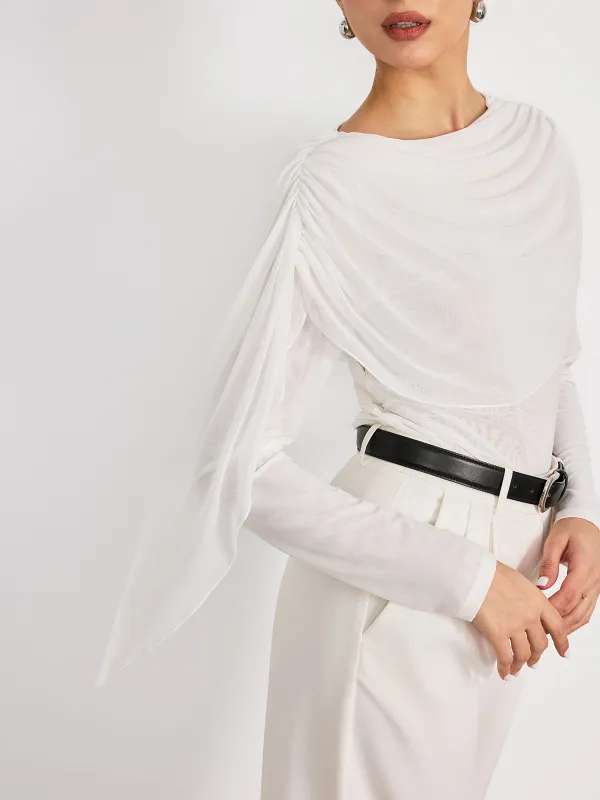 Draped Mesh Long Sleeve Blouse sold by COMMENSE