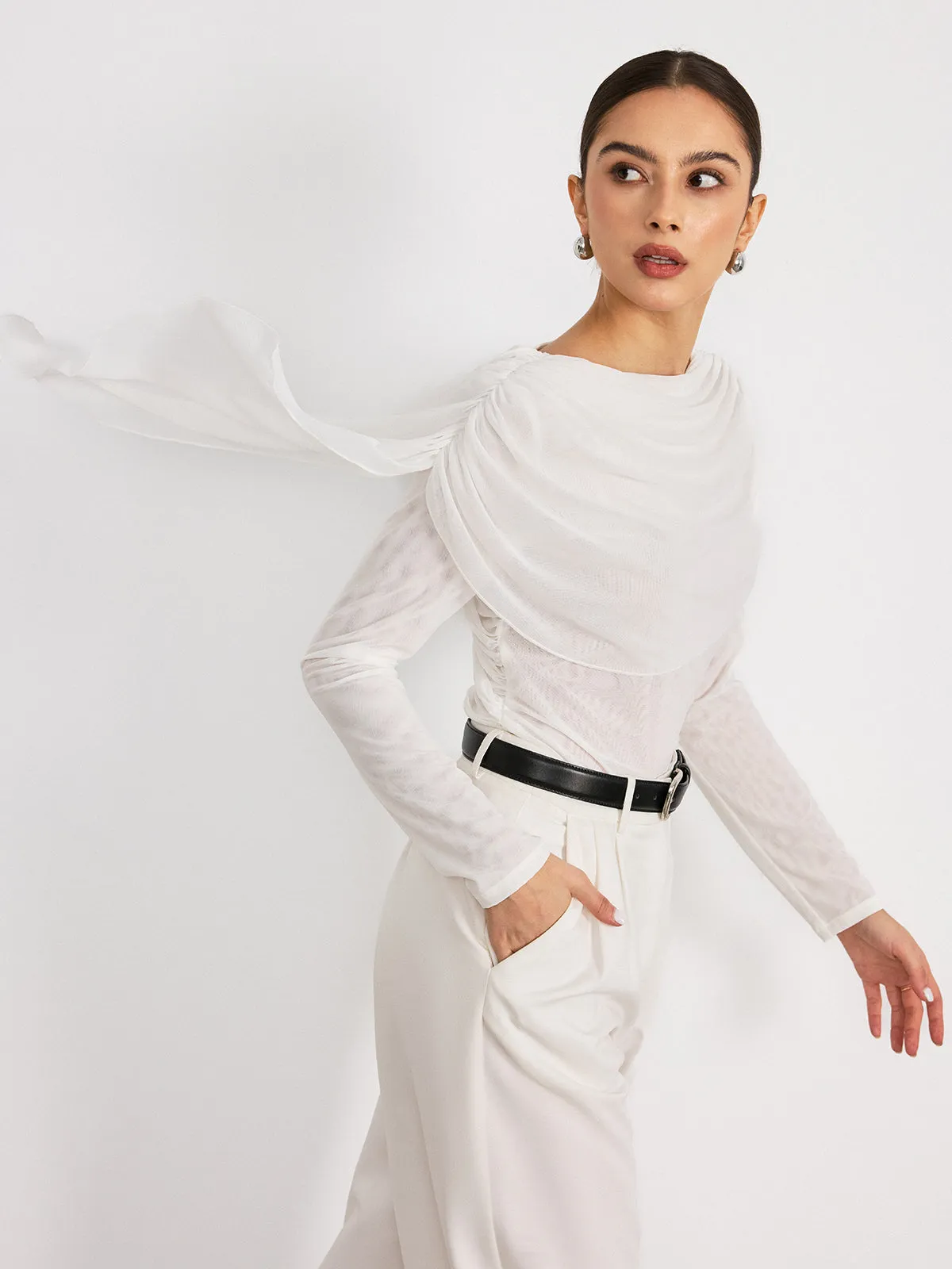 Draped Mesh Long Sleeve Blouse sold by COMMENSE product image thumbnail 3