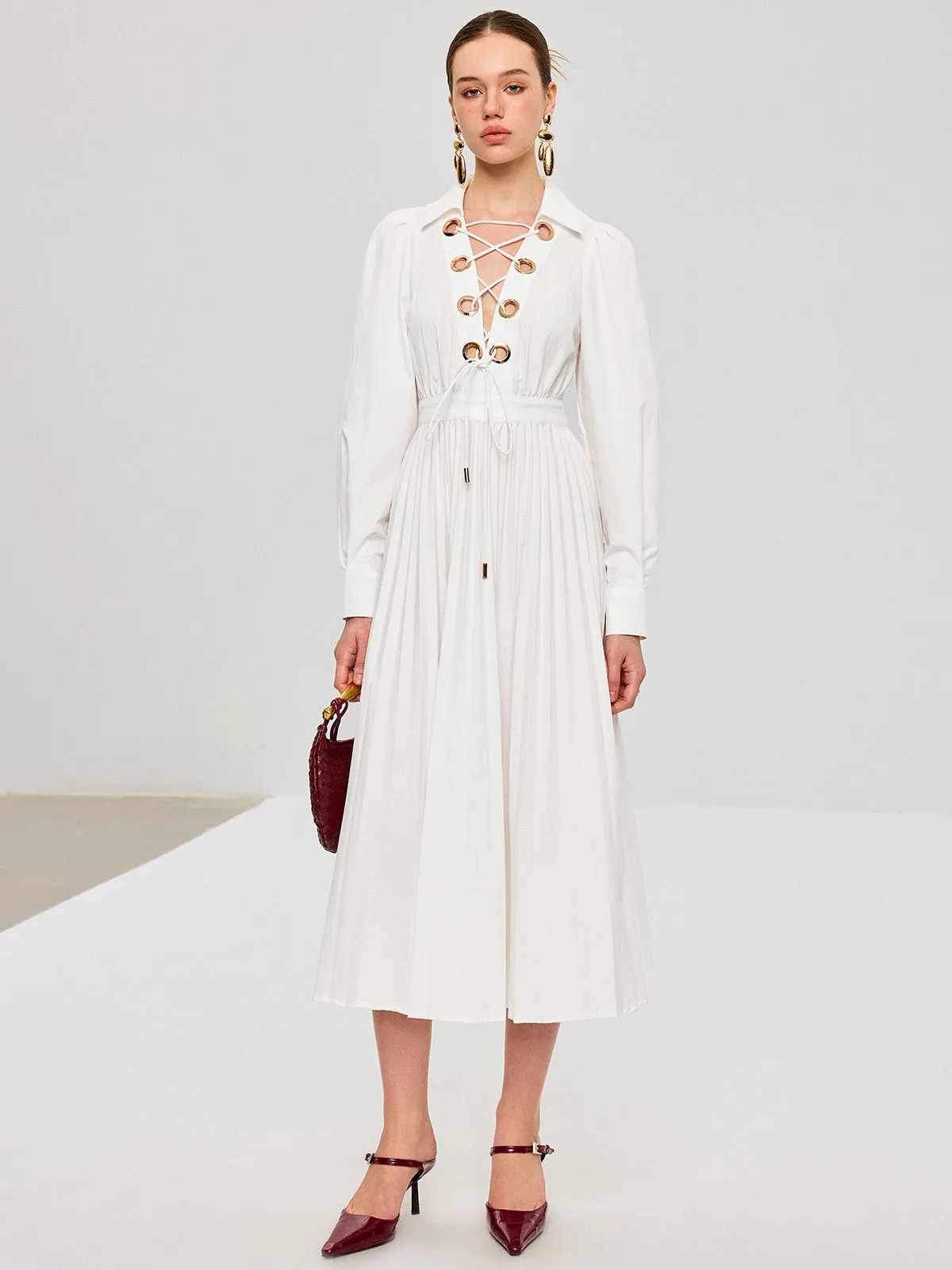 Lace-Up Pleated Midi Dress sold by COMMENSE product image thumbnail 4