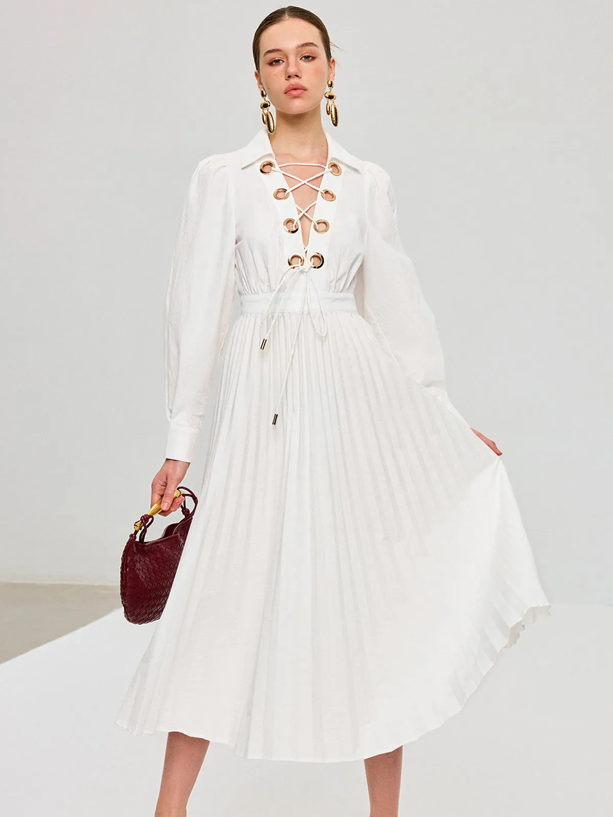 Lace-Up Pleated Midi Dress sold by COMMENSE