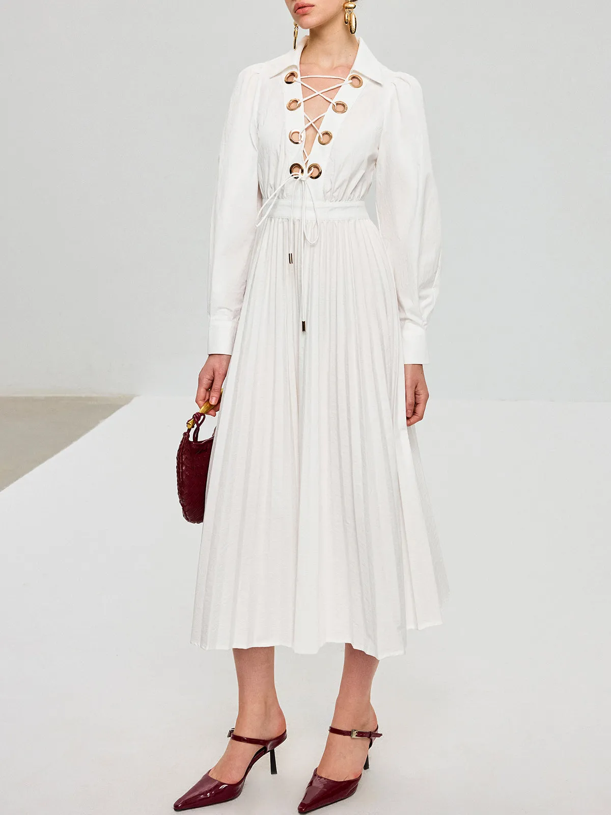 Lace-Up Pleated Midi Dress sold by COMMENSE product image thumbnail 5