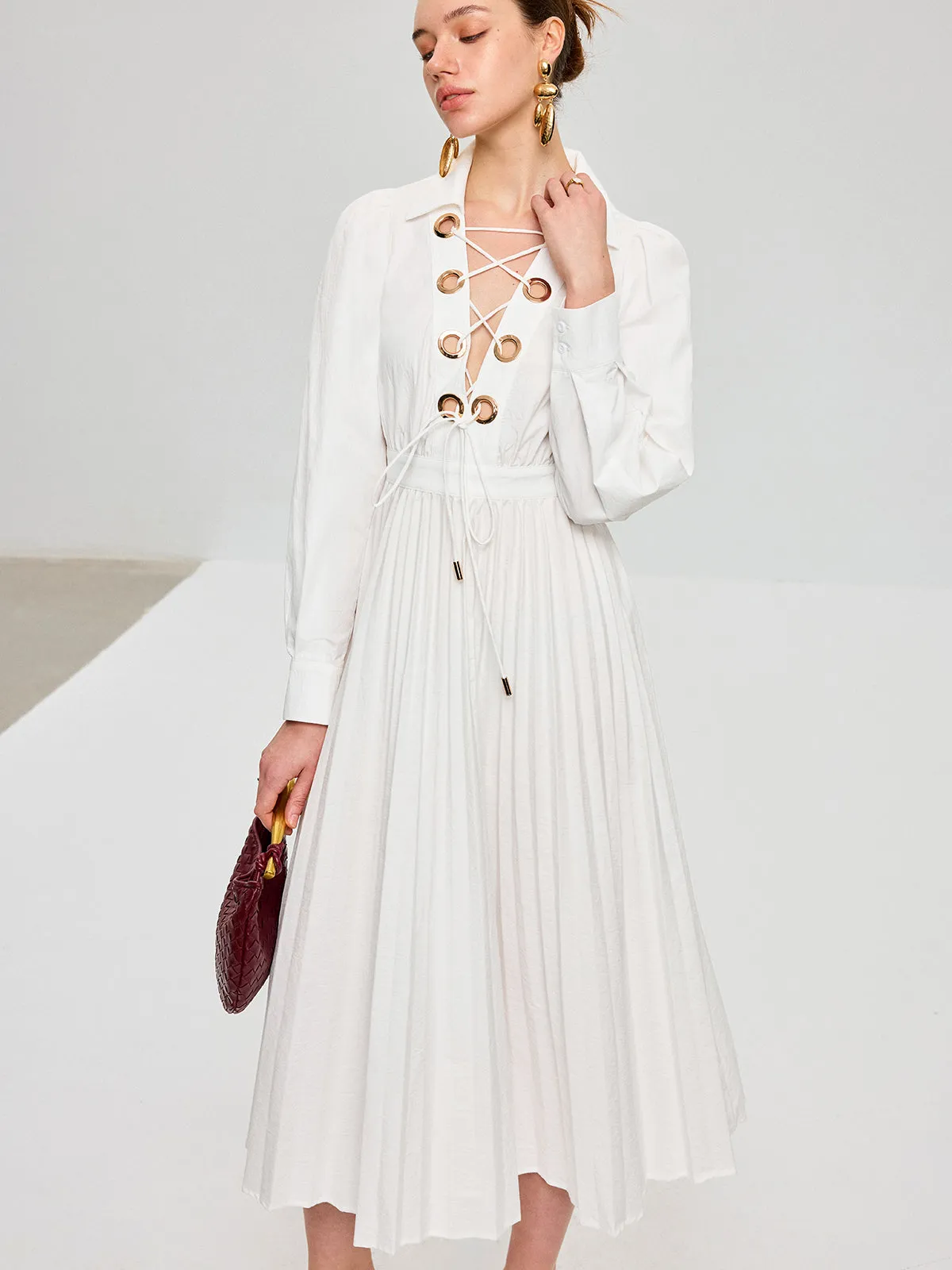 Lace-Up Pleated Midi Dress sold by COMMENSE product image thumbnail 3