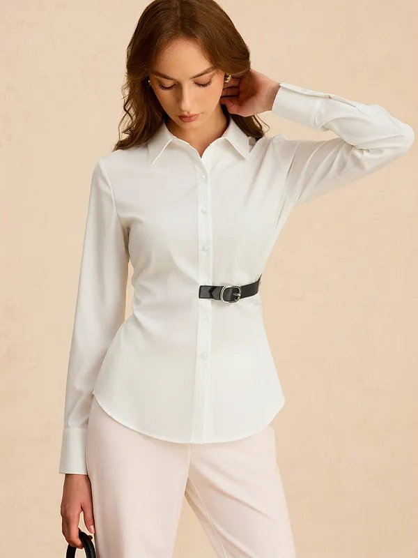 Long Sleeve Half Belt Button-Down Shirt sold by COMMENSE