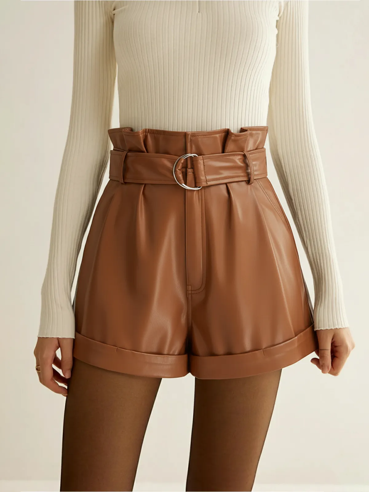High-Waist PU Leather Cuffed Shorts with Belt sold by COMMENSE product image thumbnail 3
