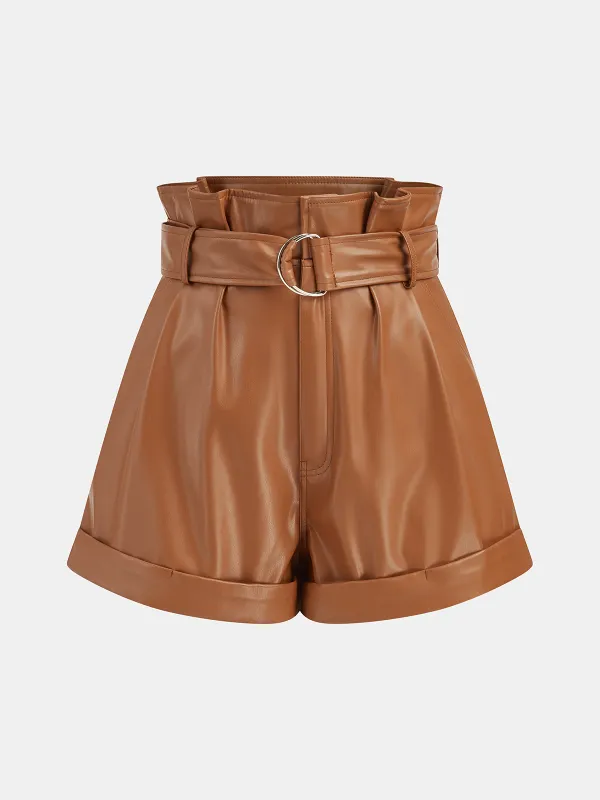 High-Waist PU Leather Cuffed Shorts with Belt sold by COMMENSE